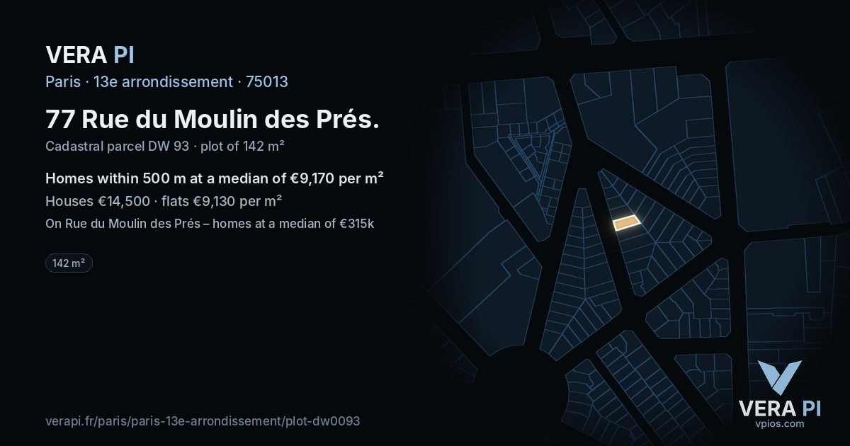 77 Rue du Moulin des Prés, 13e arrondissement at night – the plot lit, the parcels around coloured by the prices near them