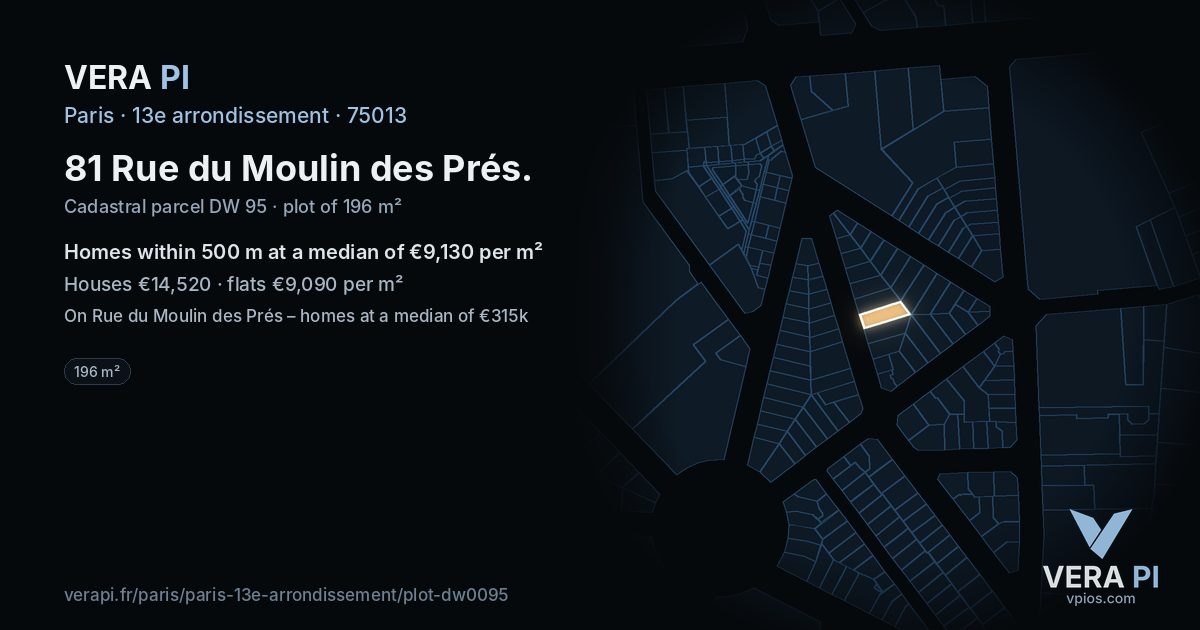 81 Rue du Moulin des Prés, 13e arrondissement at night – the plot lit, the parcels around coloured by the prices near them