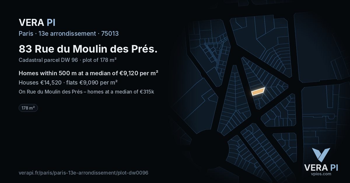 83 Rue du Moulin des Prés, 13e arrondissement at night – the plot lit, the parcels around coloured by the prices near them