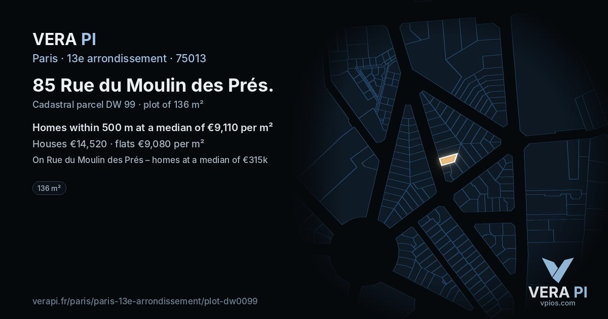85 Rue du Moulin des Prés, 13e arrondissement at night – the plot lit, the parcels around coloured by the prices near them