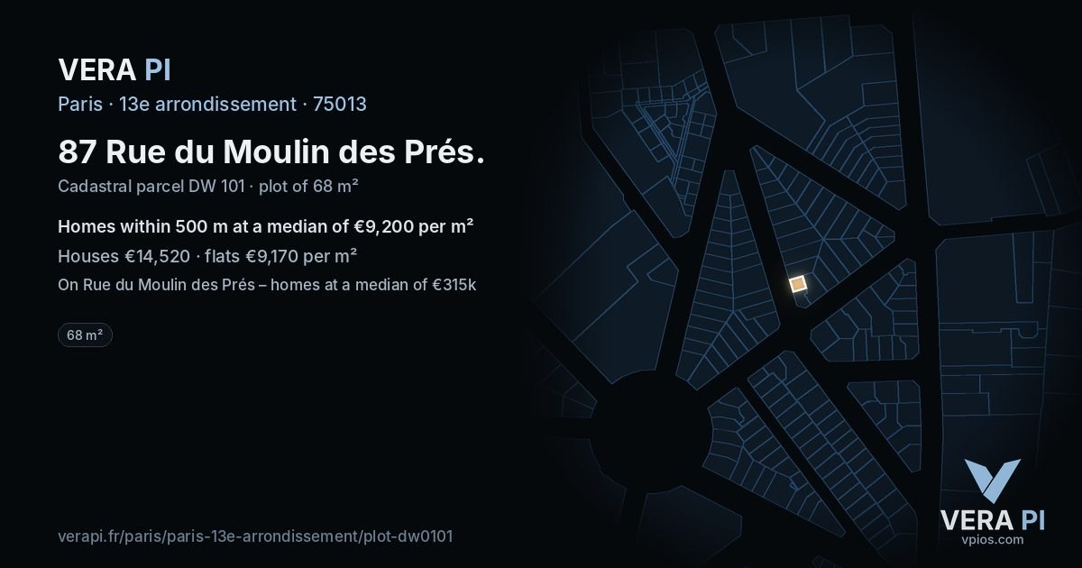87 Rue du Moulin des Prés, 13e arrondissement at night – the plot lit, the parcels around coloured by the prices near them