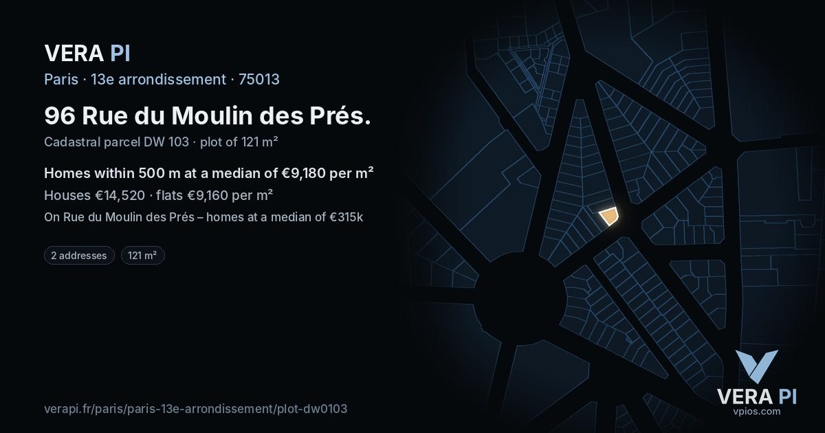 96 Rue du Moulin des Prés, 13e arrondissement at night – the plot lit, the parcels around coloured by the prices near them