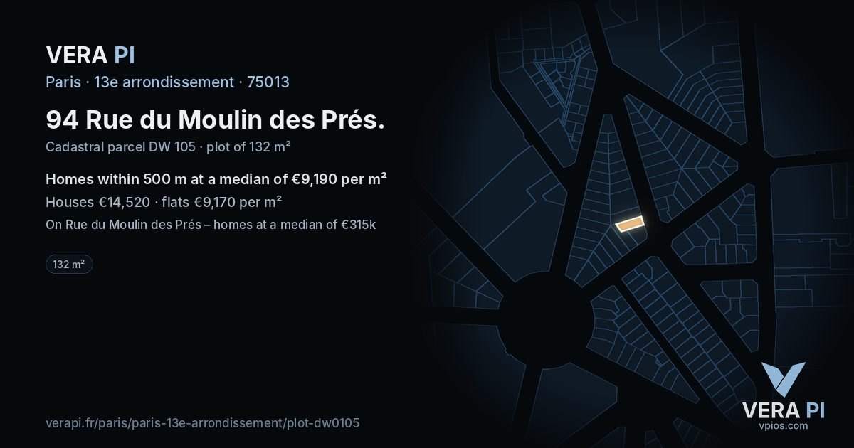 94 Rue du Moulin des Prés, 13e arrondissement at night – the plot lit, the parcels around coloured by the prices near them