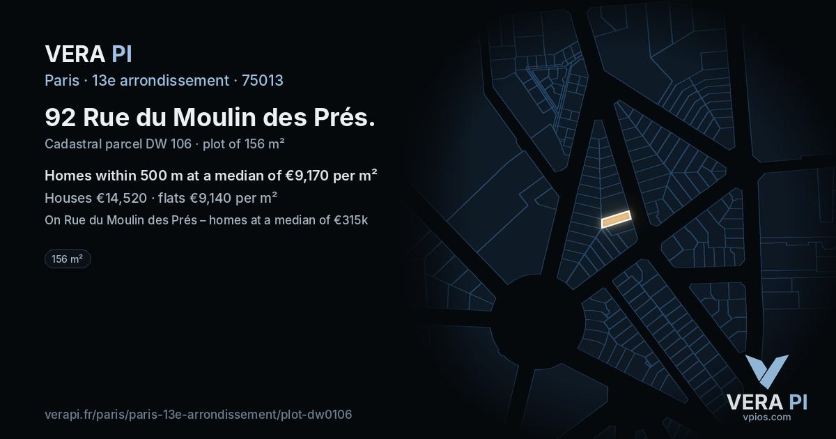 92 Rue du Moulin des Prés, 13e arrondissement at night – the plot lit, the parcels around coloured by the prices near them