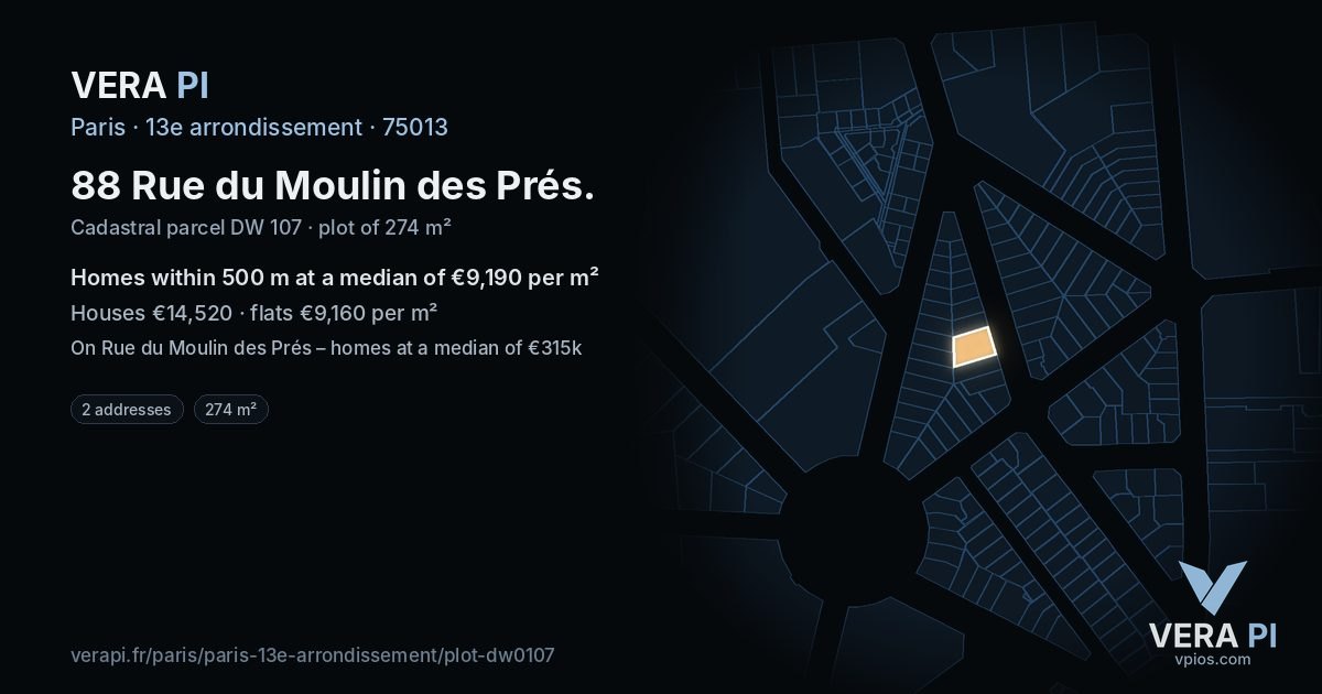 88 Rue du Moulin des Prés, 13e arrondissement at night – the plot lit, the parcels around coloured by the prices near them