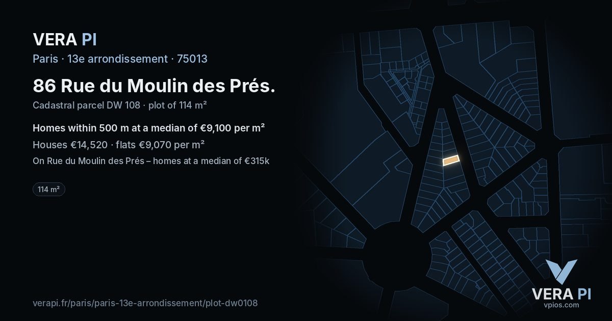 86 Rue du Moulin des Prés, 13e arrondissement at night – the plot lit, the parcels around coloured by the prices near them
