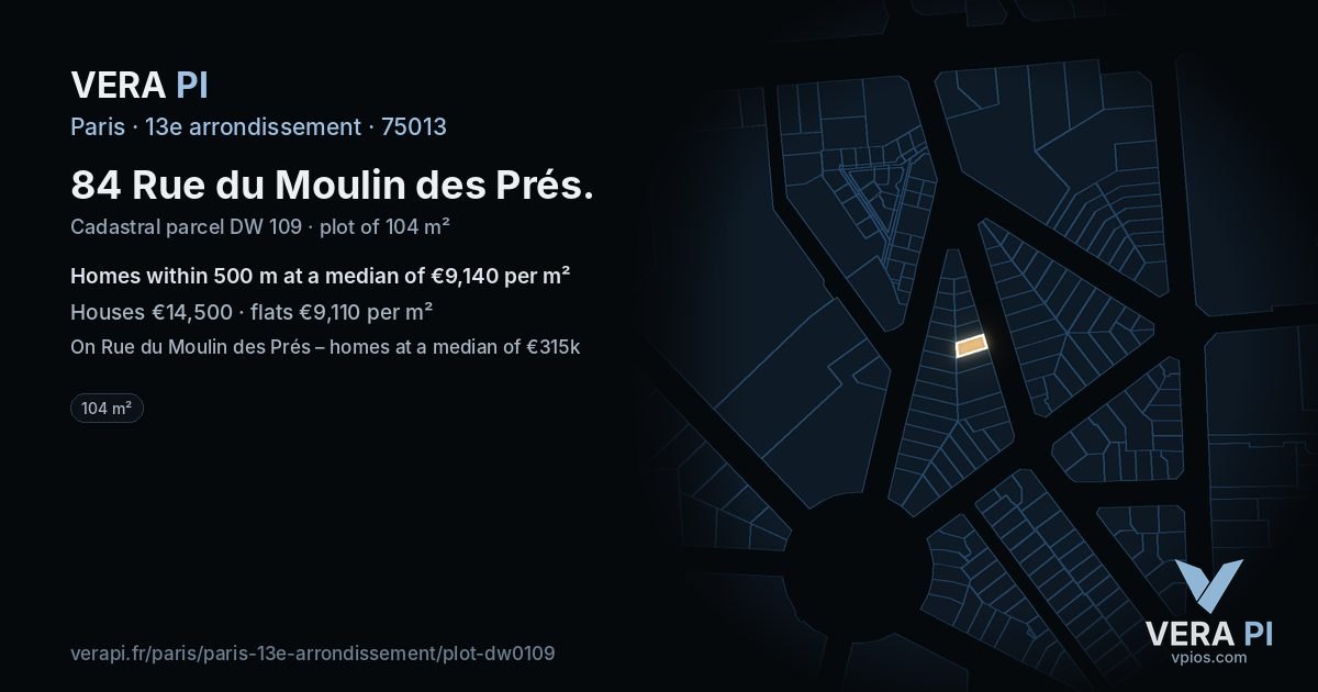 84 Rue du Moulin des Prés, 13e arrondissement at night – the plot lit, the parcels around coloured by the prices near them