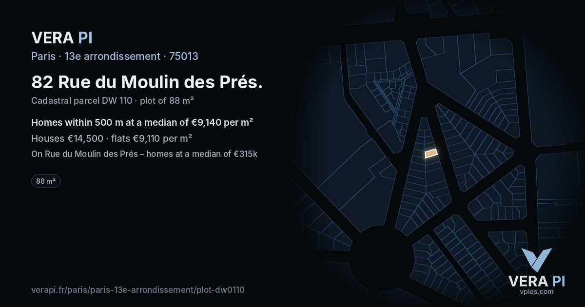 82 Rue du Moulin des Prés, 13e arrondissement at night – the plot lit, the parcels around coloured by the prices near them