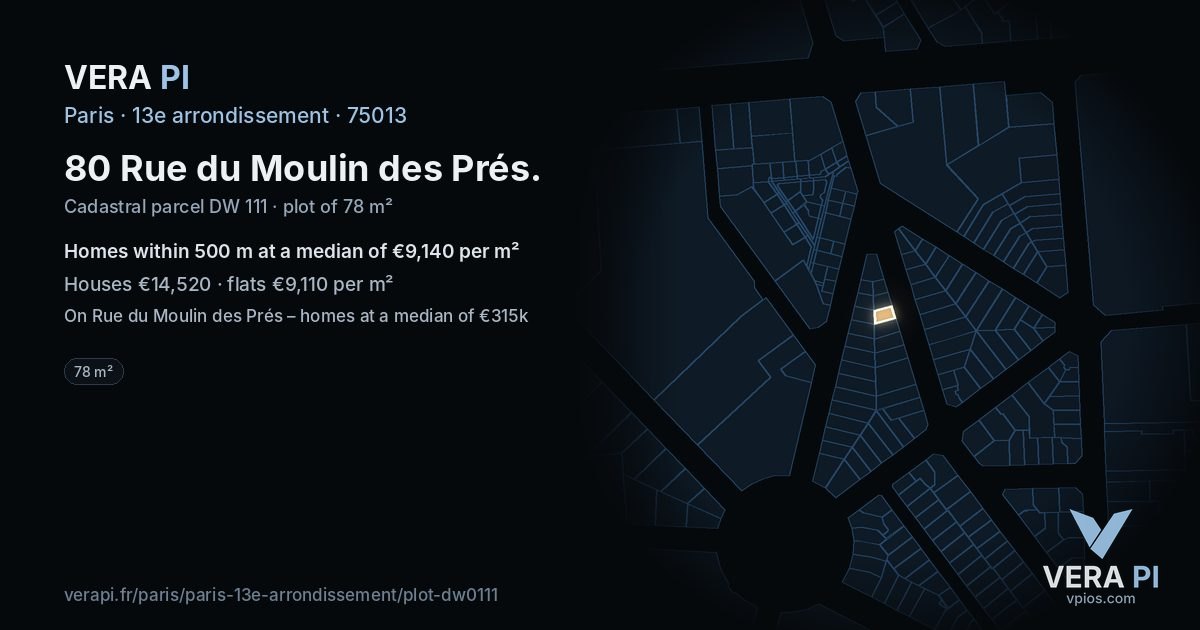 80 Rue du Moulin des Prés, 13e arrondissement at night – the plot lit, the parcels around coloured by the prices near them