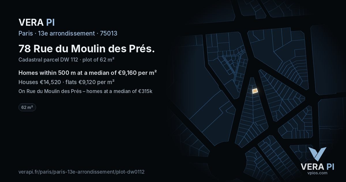 78 Rue du Moulin des Prés, 13e arrondissement at night – the plot lit, the parcels around coloured by the prices near them
