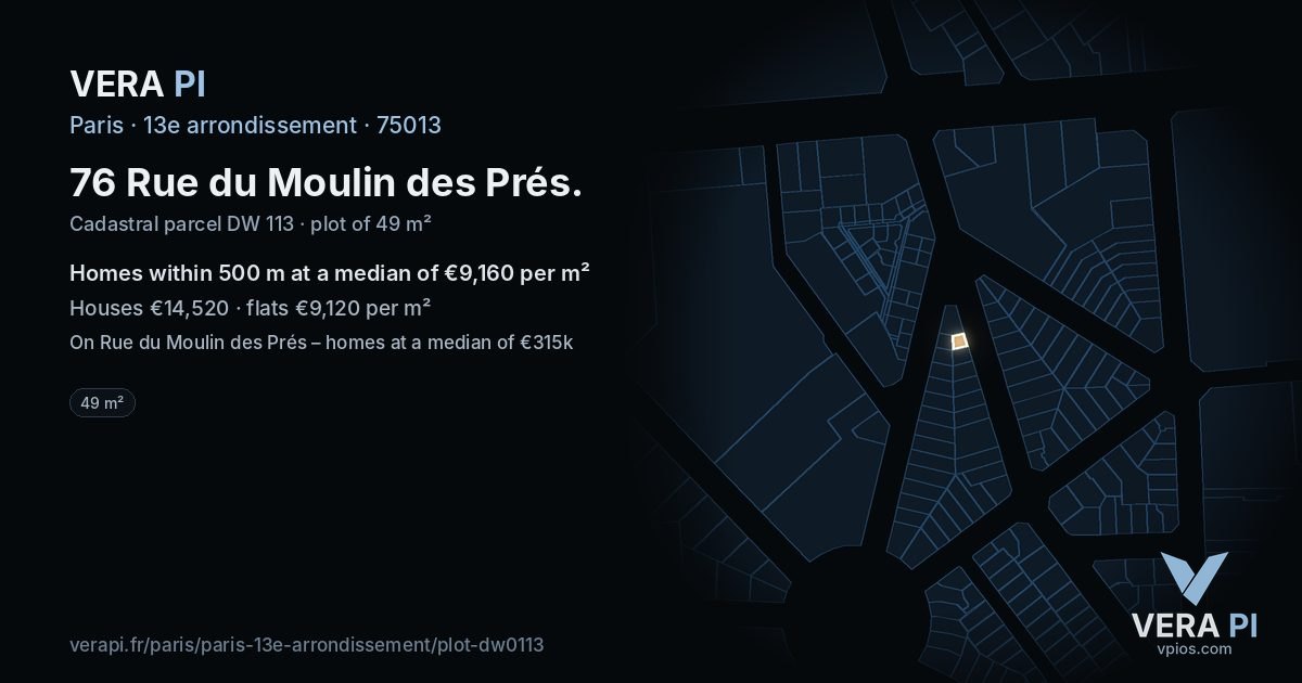76 Rue du Moulin des Prés, 13e arrondissement at night – the plot lit, the parcels around coloured by the prices near them