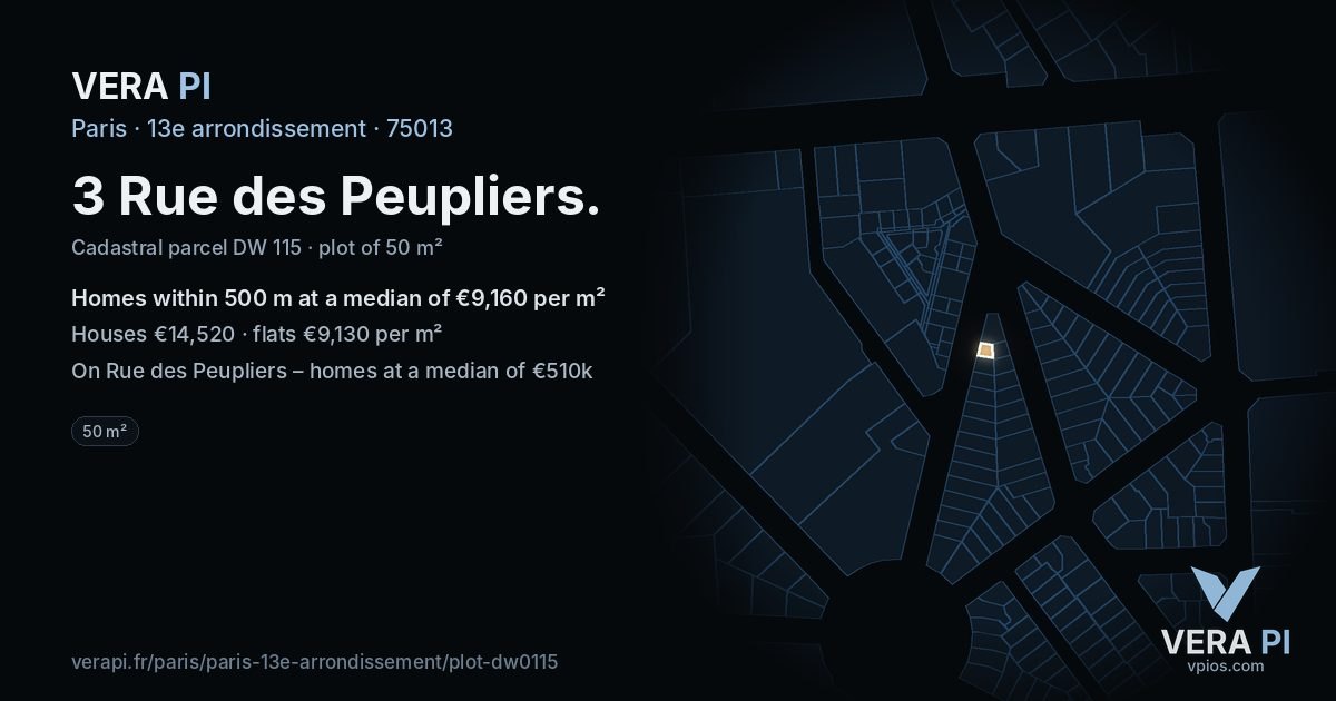 3 Rue des Peupliers, 13e arrondissement at night – the plot lit, the parcels around coloured by the prices near them