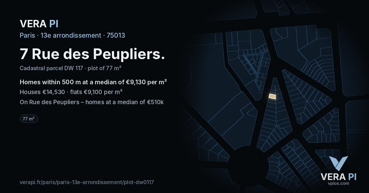 7 Rue des Peupliers, 13e arrondissement at night – the plot lit, the parcels around coloured by the prices near them