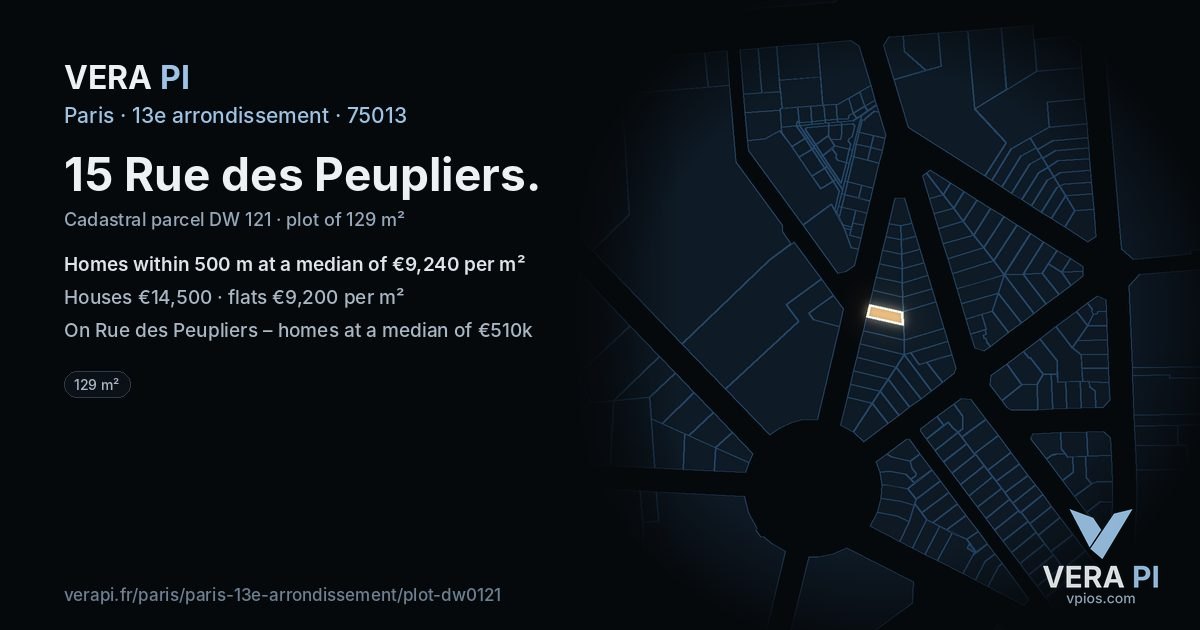 15 Rue des Peupliers, 13e arrondissement at night – the plot lit, the parcels around coloured by the prices near them