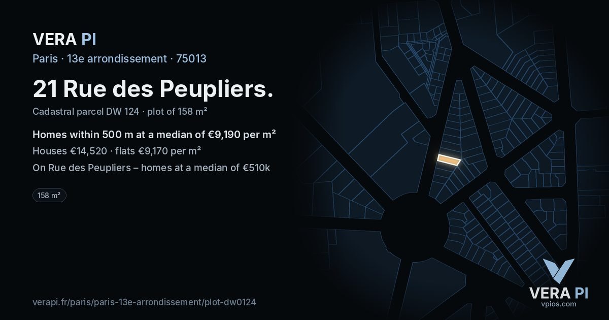 21 Rue des Peupliers, 13e arrondissement at night – the plot lit, the parcels around coloured by the prices near them