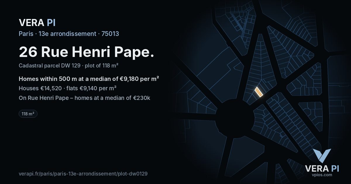 26 Rue Henri Pape, 13e arrondissement at night – the plot lit, the parcels around coloured by the prices near them