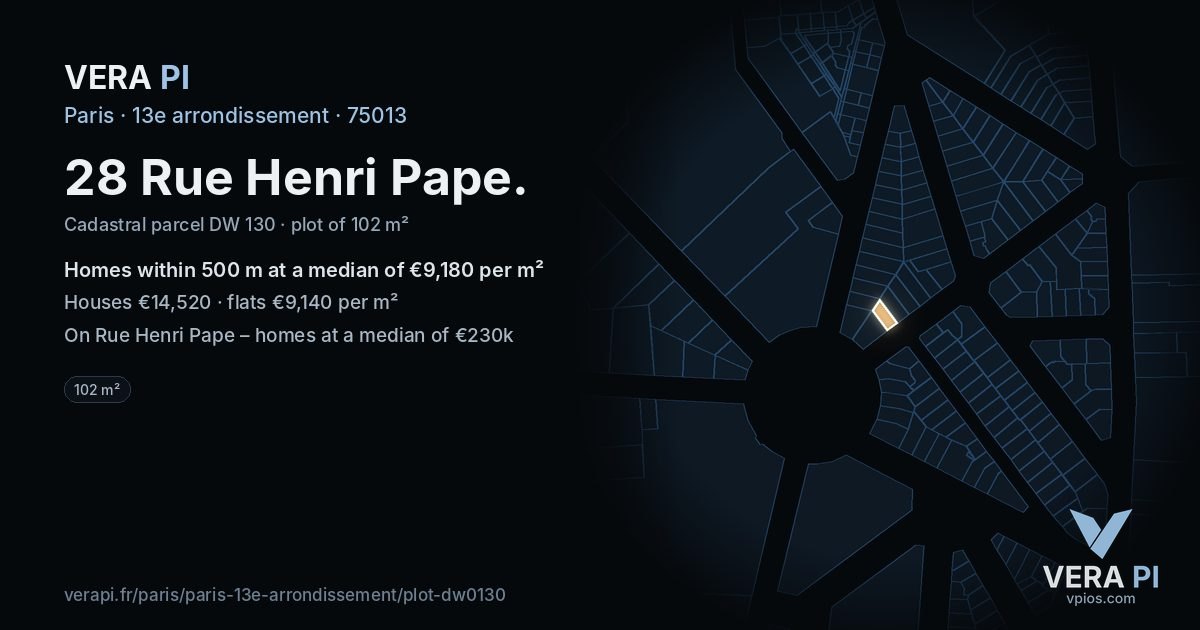 28 Rue Henri Pape, 13e arrondissement at night – the plot lit, the parcels around coloured by the prices near them