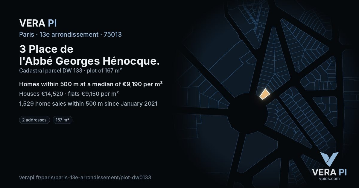 3 Place de l'Abbé Georges Hénocque, 13e arrondissement at night – the plot lit, the parcels around coloured by the prices near them
