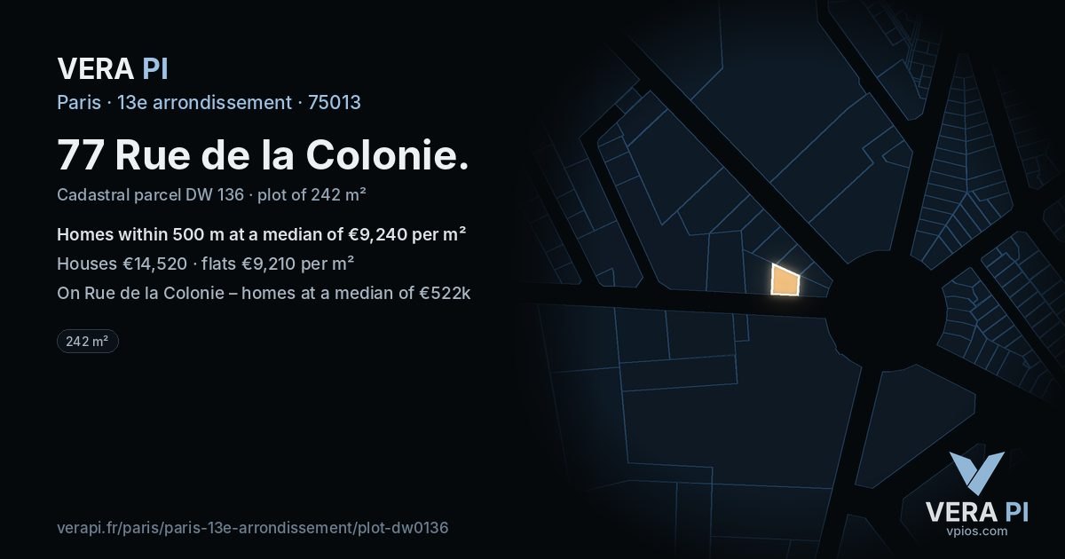 77 Rue de la Colonie, 13e arrondissement at night – the plot lit, the parcels around coloured by the prices near them