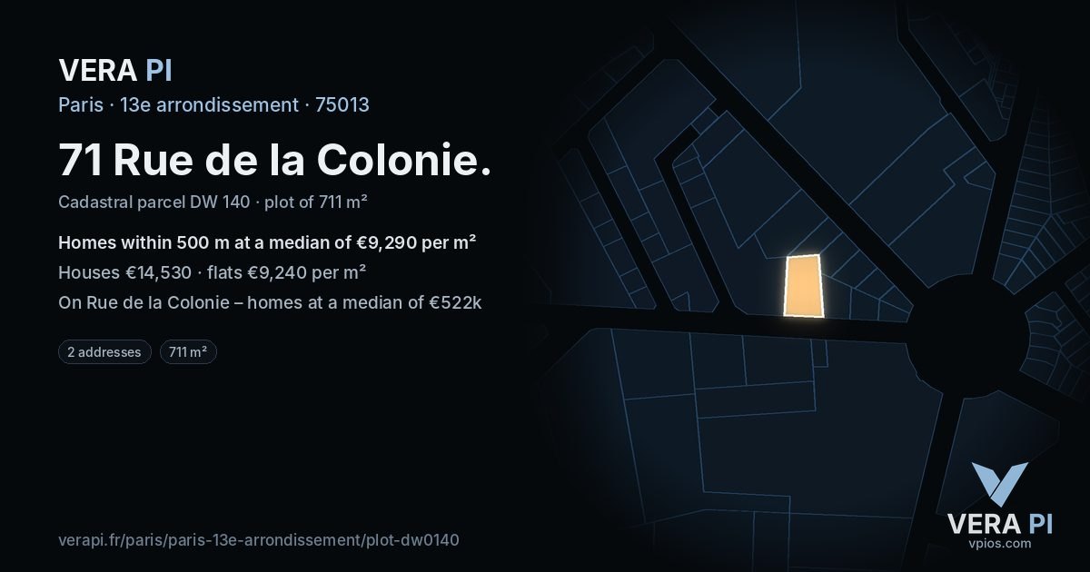 71 Rue de la Colonie, 13e arrondissement at night – the plot lit, the parcels around coloured by the prices near them