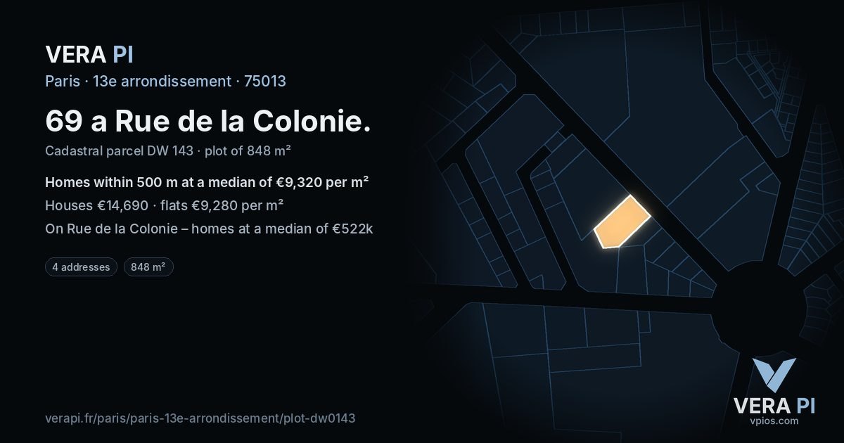 69 a Rue de la Colonie, 13e arrondissement at night – the plot lit, the parcels around coloured by the prices near them