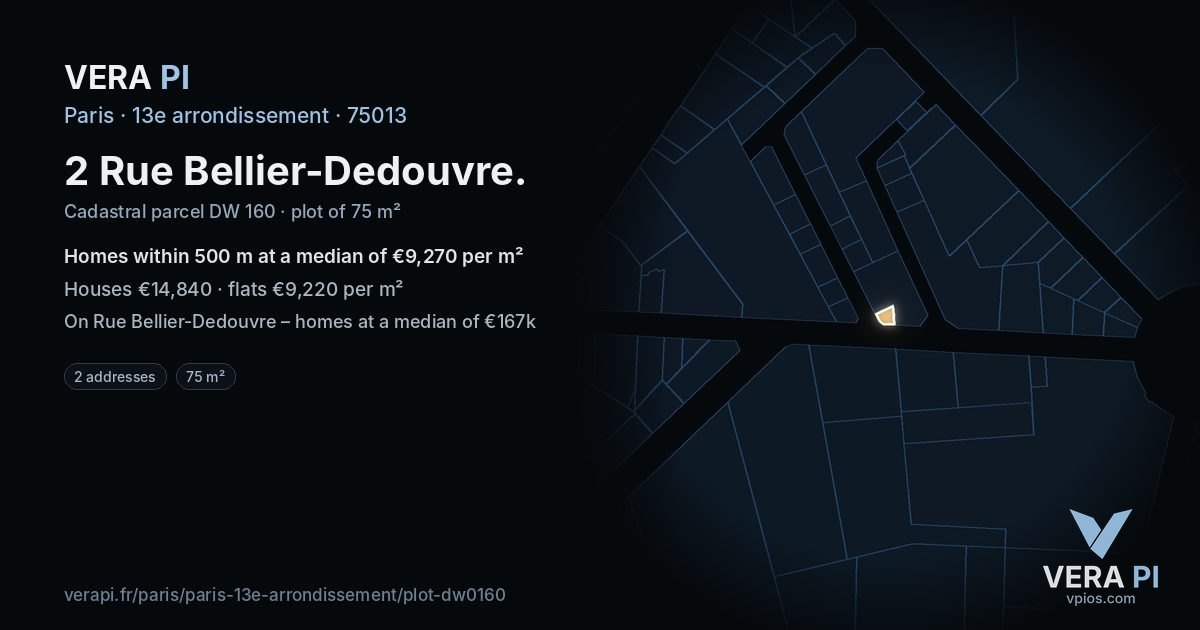 2 Rue Bellier-Dedouvre, 13e arrondissement at night – the plot lit, the parcels around coloured by the prices near them