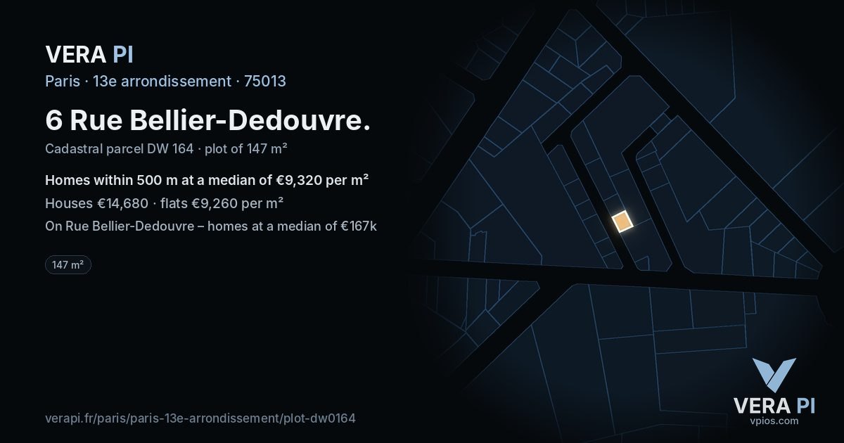 6 Rue Bellier-Dedouvre, 13e arrondissement at night – the plot lit, the parcels around coloured by the prices near them