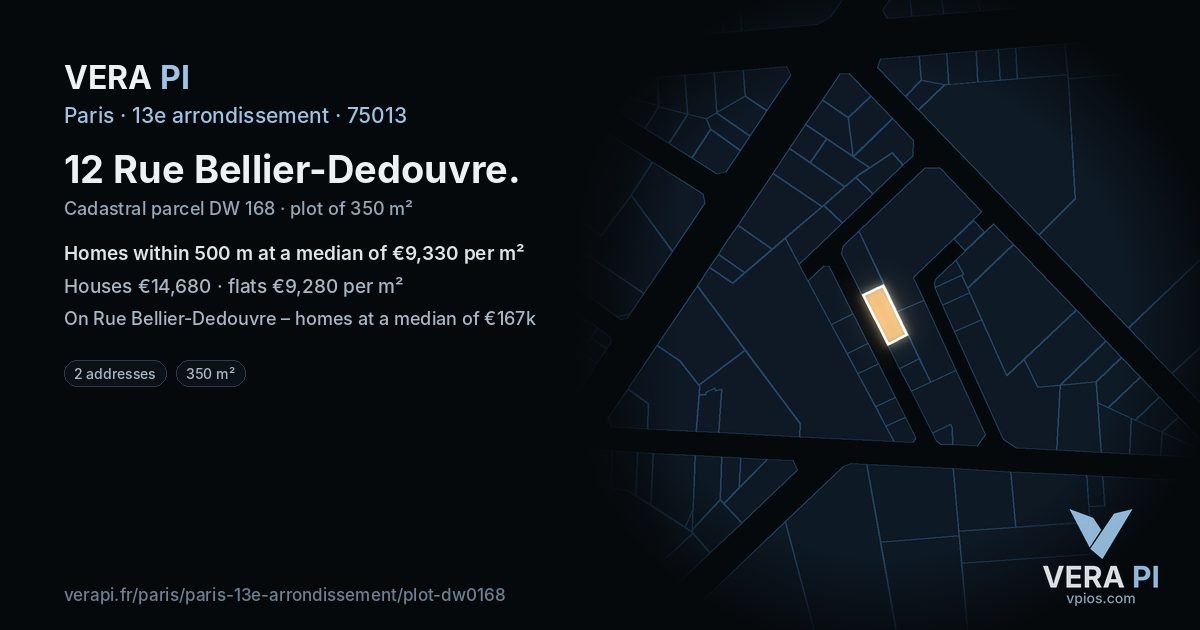 12 Rue Bellier-Dedouvre, 13e arrondissement at night – the plot lit, the parcels around coloured by the prices near them