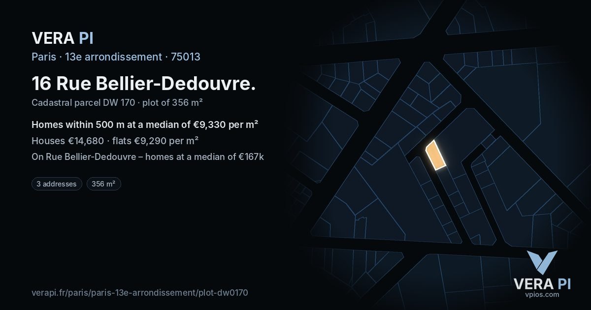 16 Rue Bellier-Dedouvre, 13e arrondissement at night – the plot lit, the parcels around coloured by the prices near them