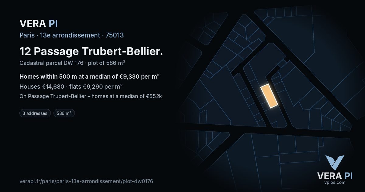 12 Passage Trubert-Bellier, 13e arrondissement at night – the plot lit, the parcels around coloured by the prices near them
