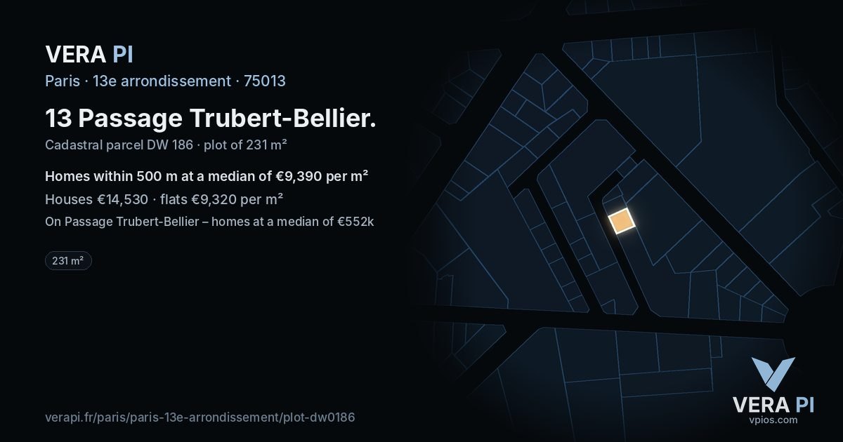 13 Passage Trubert-Bellier, 13e arrondissement at night – the plot lit, the parcels around coloured by the prices near them