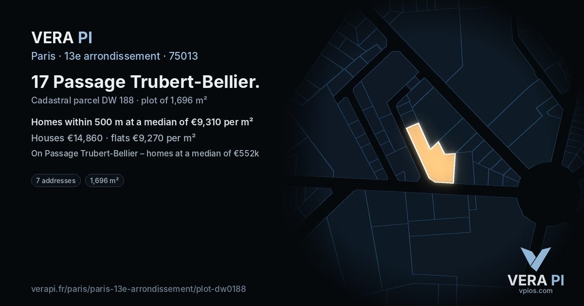 17 Passage Trubert-Bellier, 13e arrondissement at night – the plot lit, the parcels around coloured by the prices near them