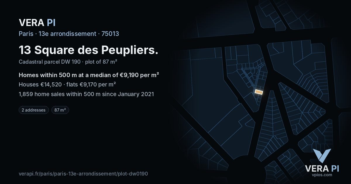 13 Square des Peupliers, 13e arrondissement at night – the plot lit, the parcels around coloured by the prices near them