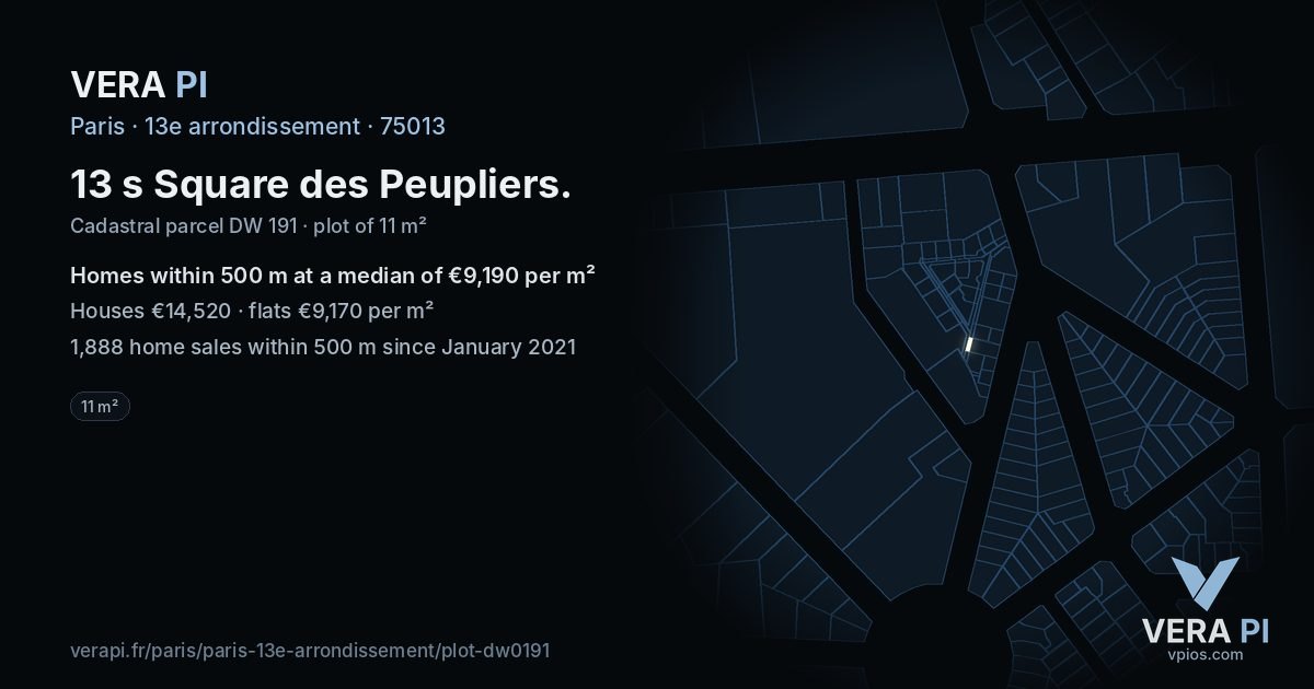 13 s Square des Peupliers, 13e arrondissement at night – the plot lit, the parcels around coloured by the prices near them