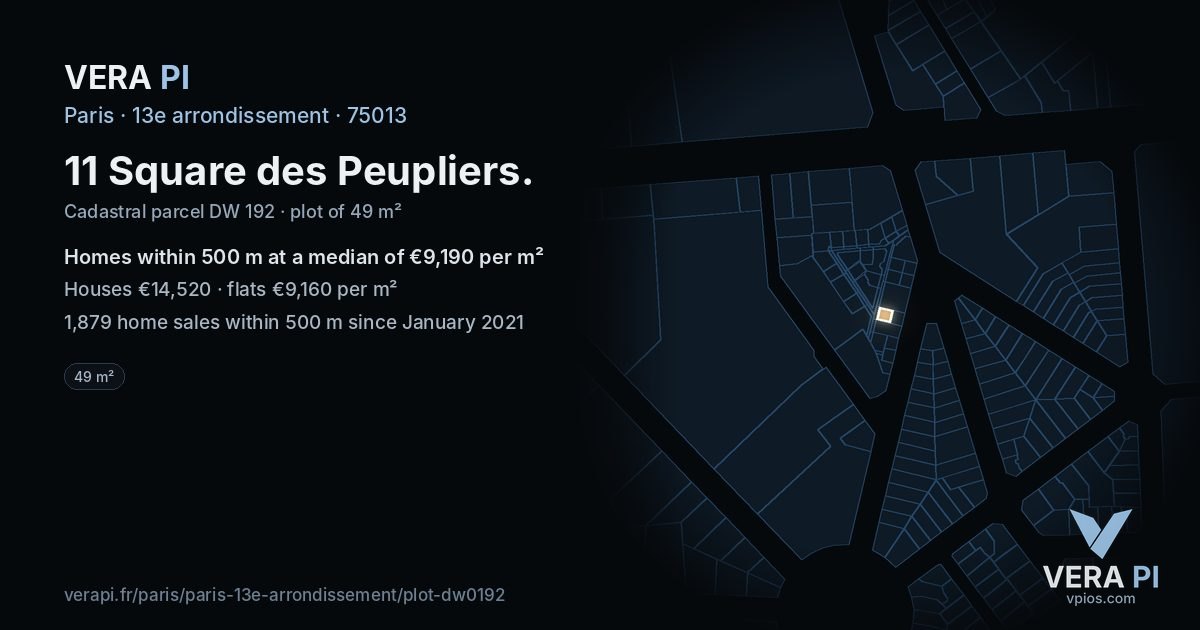 11 Square des Peupliers, 13e arrondissement at night – the plot lit, the parcels around coloured by the prices near them
