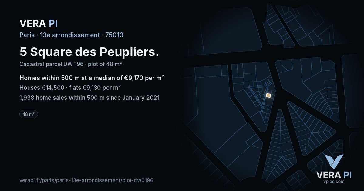 5 Square des Peupliers, 13e arrondissement at night – the plot lit, the parcels around coloured by the prices near them