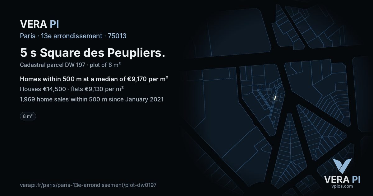 5 s Square des Peupliers, 13e arrondissement at night – the plot lit, the parcels around coloured by the prices near them