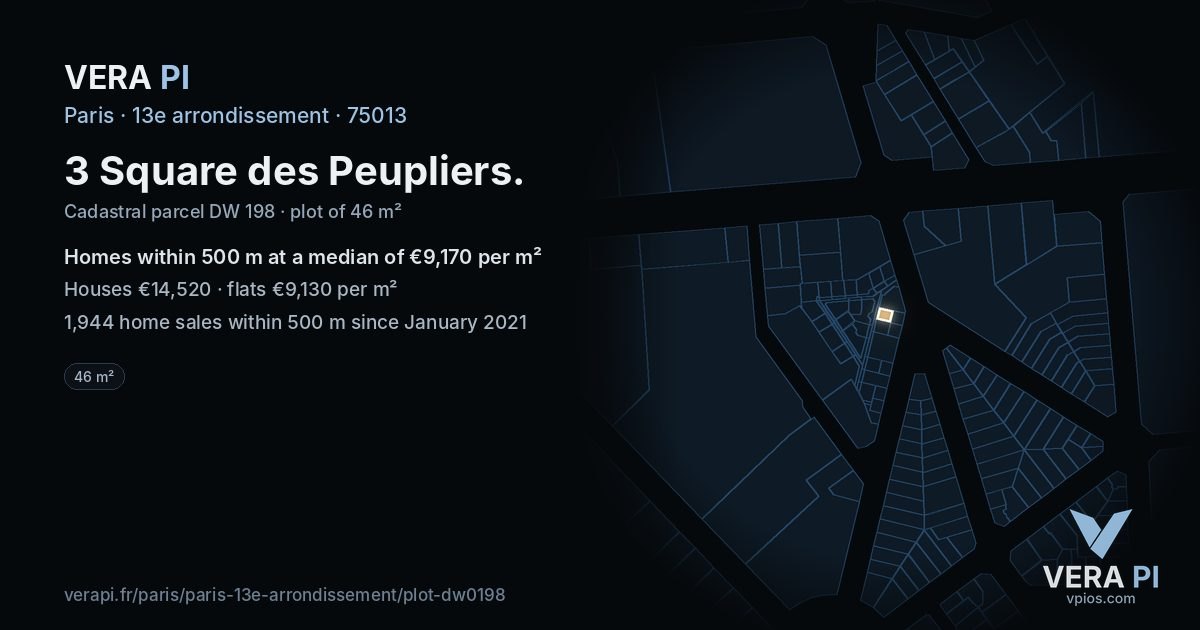 3 Square des Peupliers, 13e arrondissement at night – the plot lit, the parcels around coloured by the prices near them
