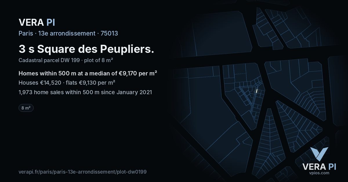 3 s Square des Peupliers, 13e arrondissement at night – the plot lit, the parcels around coloured by the prices near them