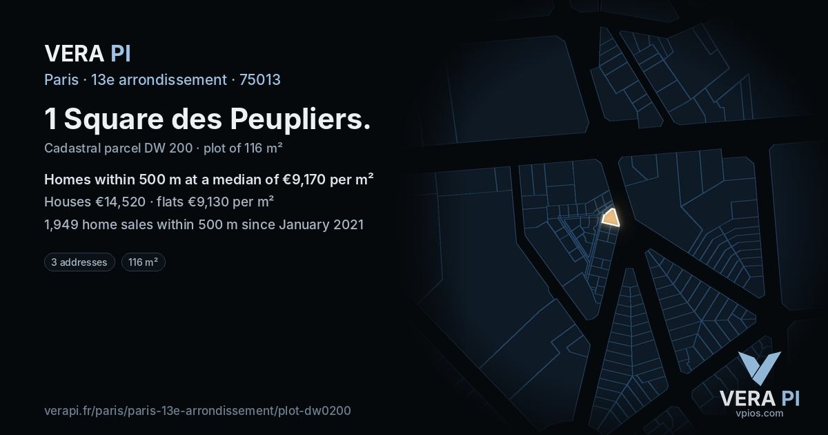 1 Square des Peupliers, 13e arrondissement at night – the plot lit, the parcels around coloured by the prices near them