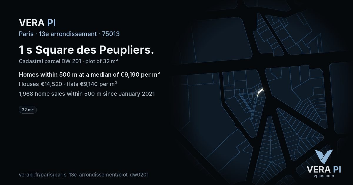 1 s Square des Peupliers, 13e arrondissement at night – the plot lit, the parcels around coloured by the prices near them