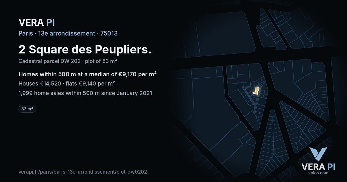 2 Square des Peupliers, 13e arrondissement at night – the plot lit, the parcels around coloured by the prices near them