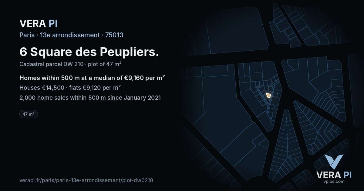 6 Square des Peupliers, 13e arrondissement at night – the plot lit, the parcels around coloured by the prices near them