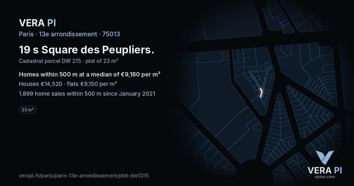 19 s Square des Peupliers, 13e arrondissement at night – the plot lit, the parcels around coloured by the prices near them