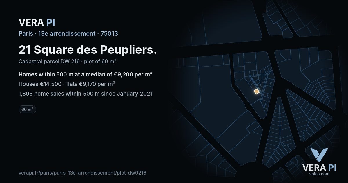 21 Square des Peupliers, 13e arrondissement at night – the plot lit, the parcels around coloured by the prices near them