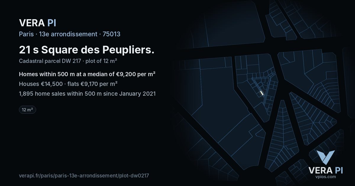 21 s Square des Peupliers, 13e arrondissement at night – the plot lit, the parcels around coloured by the prices near them