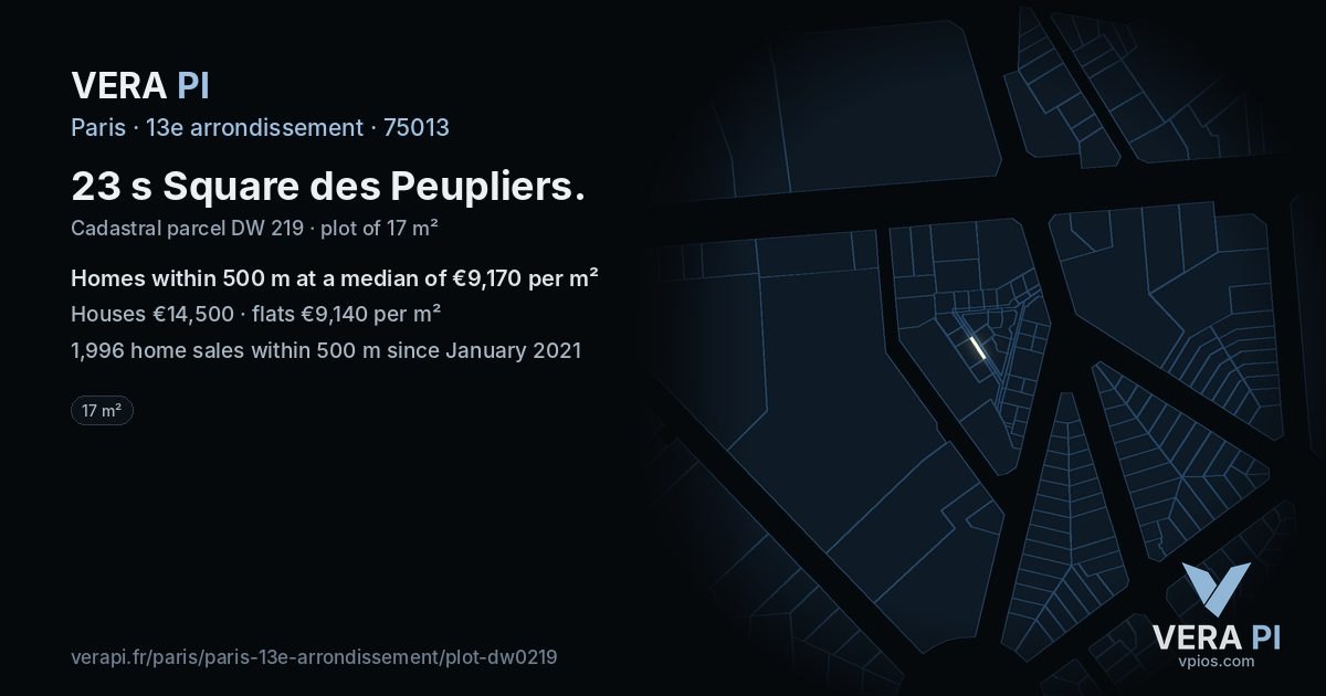 23 s Square des Peupliers, 13e arrondissement at night – the plot lit, the parcels around coloured by the prices near them
