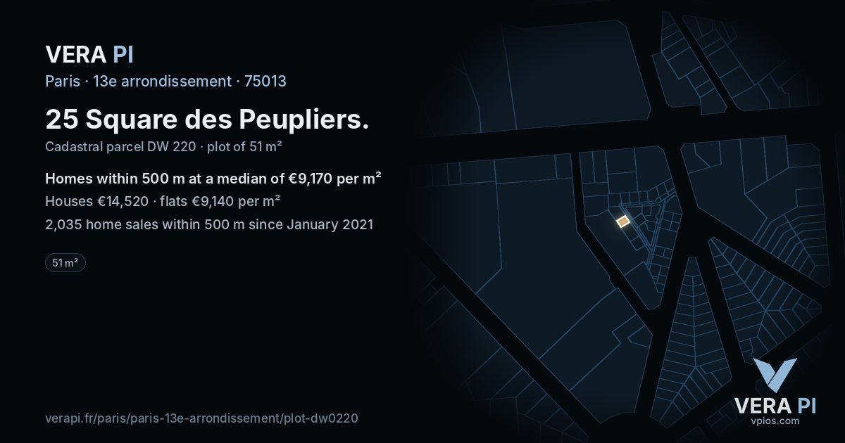 25 Square des Peupliers, 13e arrondissement at night – the plot lit, the parcels around coloured by the prices near them