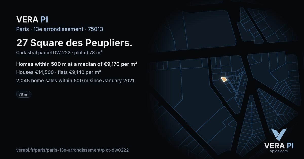 27 Square des Peupliers, 13e arrondissement at night – the plot lit, the parcels around coloured by the prices near them