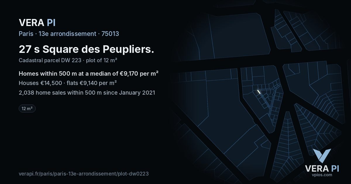 27 s Square des Peupliers, 13e arrondissement at night – the plot lit, the parcels around coloured by the prices near them